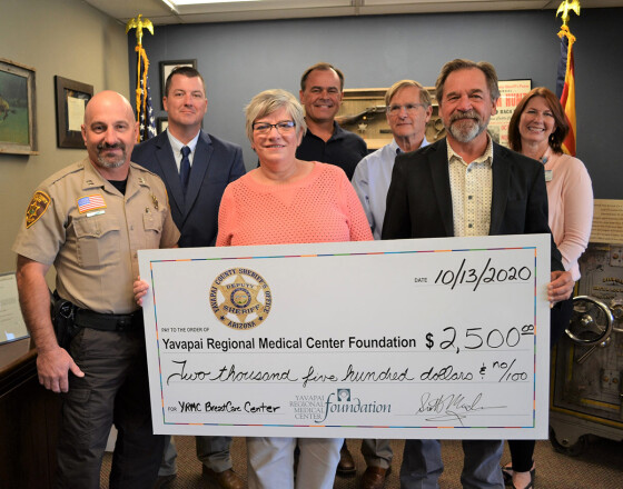 Left to Right - Captain Richard Martin, Acting Chief Deputy Jeff Newnum, YRMC Director of Imaging Service Mary Sterling, Retired YCSO Chief Deputy David Rhodes, YRMC Director of Philanthropy John Goodenow, Sheriff Scott Mascher, and YRMC Philanthropy/Planning Coordinator Angela Bryan.