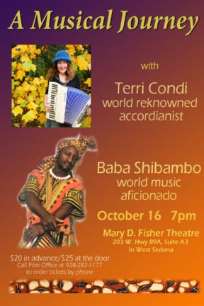 Join Baba “Vusi” Shibambo, South African drummer, and Terri Conti, acclaimed accordionist, for a magical evening of world fusion music blending the classical sounds of the accordion with the ancestral rhythms of the African bush in “A World Fusion Musical Journey: From Africa Across the Seven Seas”