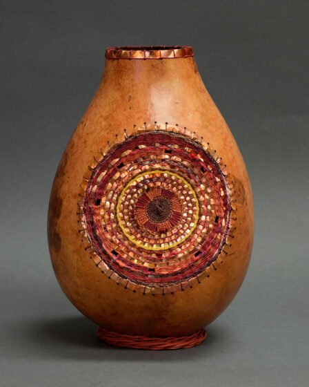 Time for Peace, fiber & copper on gourd by Shirley Eichten Albrecht