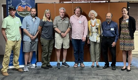 From left to right: John Chorlton from Verde Valley School, Jerry Checchia, Annie Glickstein, and Jerry Piepiora from Friends of the Forest, Jean-Christophe Buillet from A Sunset Chateau, Monique and Richard Sidy, and Laurie Altringer from Science Vortex. Javier and Amy Franco of Layla’s Bakery-Café could not attend.