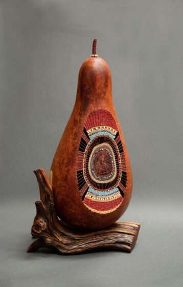 The Feast Continues at Rowe Fine Art Gallery Regalia, fiber on gourd by Shirley Eichten Albrecht