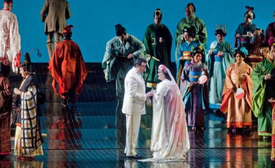 Anthony Minghella’s stunning production of Puccini’s opera stars soprano Patricia Racette as Cio-Cio-San, the trusting and innocent young geisha. She disastrously falls in love with American Navy lieutenant B.F. Pinkerton, sung by tenor Marcello Giordani, only to be abandoned by him.