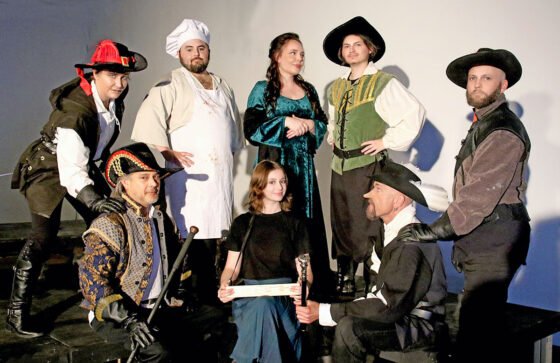 The cast of Cyrano de Bergerac Standing L-R: Delano Hays, Mitchell McDermott, Audrey Young, Zayne Hirsch, Alex Logan Seated L-R: Dave Belkiewitz Reanna Crittenden and Scott Coopwood
