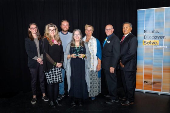 The grateful team of Friends of the Verde River accepts the ASU Resilience Prize. From left to right: Jennifer Diffley, Susan Van Norman, Isaac Dudley, Nancy Steele, Jeni O’Callaghan, Tony Gioia, Dimas Bejarano.