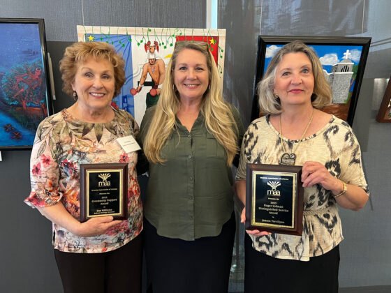Sedona Heritage Museum Volunteers Win State Awards Sue Williams (L) and Janeen Trevillyan (R) pose with their awards with MAA President Michelle Reid