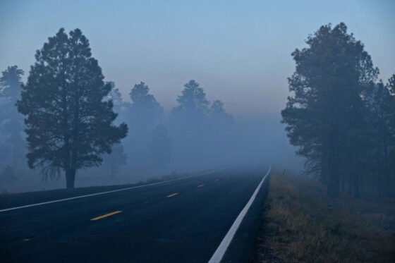 Smoke from the Still Fire obscures visibility along Highway 87 south of the C. C. Cragin Reservoir at dawn on Oct. 4, 2023. (Courtesy photo by Tom Story)