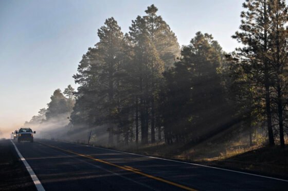 Arizona Department of Transportation vehicles drive southbound through Still Fire smoke on Highway 87 just north of the Forest Road (FR) 211/95 junction around 7:30 a.m. Oct. 6, 2023. (Courtesy photo by Tom Story)