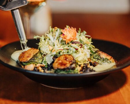 Scallops a la Meuniere with forbidden rice, fennel and hoja santa