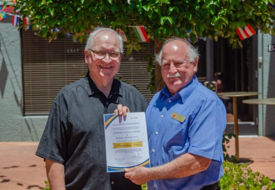 Chuck Marr, Sister City Chair; Mayor Scott Jablow with “Friendship Cities” agreement