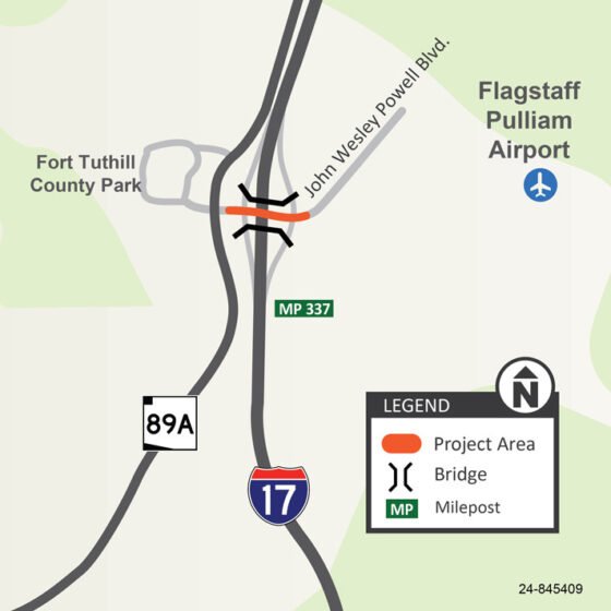 I-17 overnight closures scheduled at J.W. Powell Blvd in Flagstaff 20240614 I 17JWPowellBridgeReplacementProjectADOTmapMarch2024