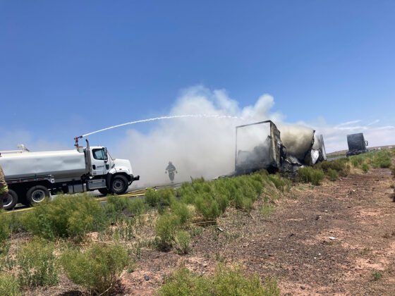 Vehicle fire that occurred in July 2024 on Interstate 40 east of Winslow. Photo credit: Arizona Department of Transportation
