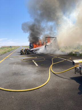 Vehicle fire that occurred in July 2024 on Interstate 40 east of Winslow. Photo credit: Arizona Department of Transportation