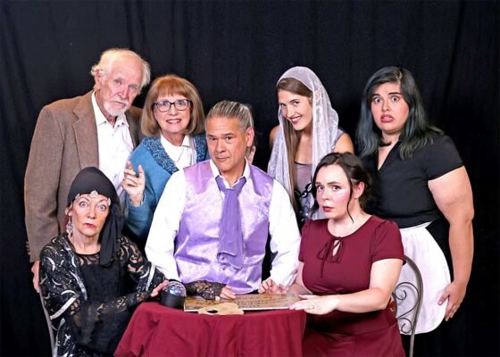 Red Earth Theatre returns with a reading of the comedy ‘Blithe Spirit’ L-R Seated: Terra Shelman, Dave Belkiewitz, Audrey Young; L-R Standing: Gerard Maguire, Mary Gladieux, Ashlee Threlkeld, Malia Romero; Photo Credit: Larry Kane