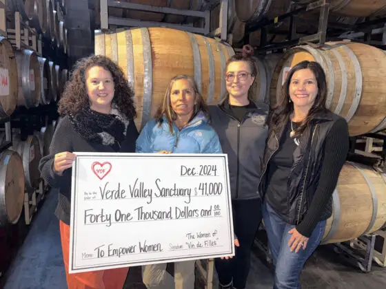 Vin de Filles raises $41,000 for Verde Valley Sanctuary Verde Valley Sanctuary Executive Director Jessye Johnson accepts a check for $41,000, the amount raised during the Vin de Filles event at Page Springs Cellars on Oct. 20-21, 2024. Next to Johnson from left to right is Gayle Glomski, co-owner of Page Springs Cellars, assistant winemaker Bree Nation and co-owner of The Art of Wine and Vino de Sedona, Lauren Maldonado.