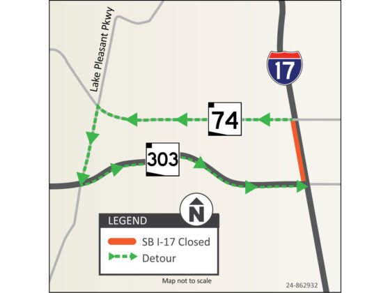 I-17 South weekend closure scheduled Jan. 17-20 in north Phoenix 20250103 I 17MapADOTsouthboundClosureDetourRouteWeekendofJan1725ADOTmap FI