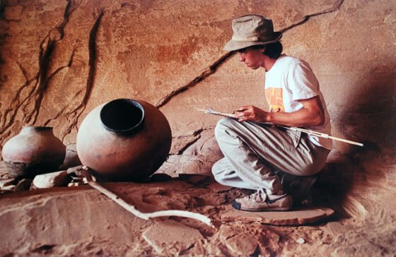 Neil Weintraub documenting pots in Tim’s Cave in 1991. Photo credit Andy Seagle