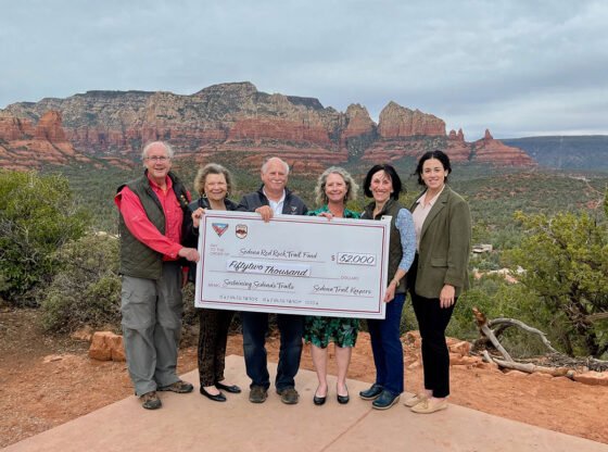 The city of Sedona presented the Sedona Red Rock Trail Fund with a contribution of $52,000 for ongoing maintenance of the Sedona Red Rock Trails. Shown (L to R); SRRTF President Dick Williams, Vice Mayor Holly Ploog, Mayor Scott Jablow, City Manager Anette Spickard, VP Sandi Heysinger and City Special Initiatives Coordinator Kegn Moorcroft.