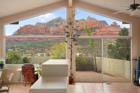 Panoramic red rock views from the living room at 580 Norbie Road in Uptown Sedona