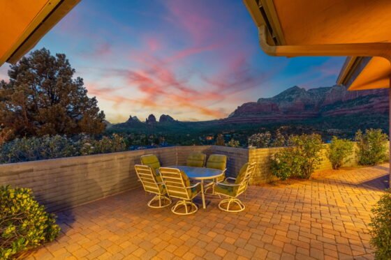 Twilight view of Sedona's red rocks from the patio at 580 Norbie Road in Uptown Sedona