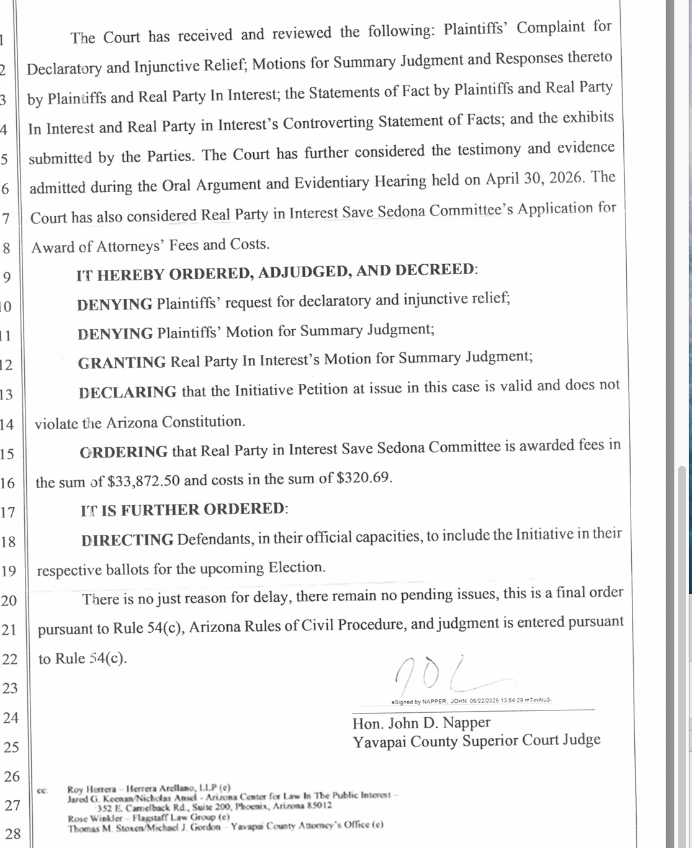 Court Orders City to Pay Save Sedona Committee All Legal Costs