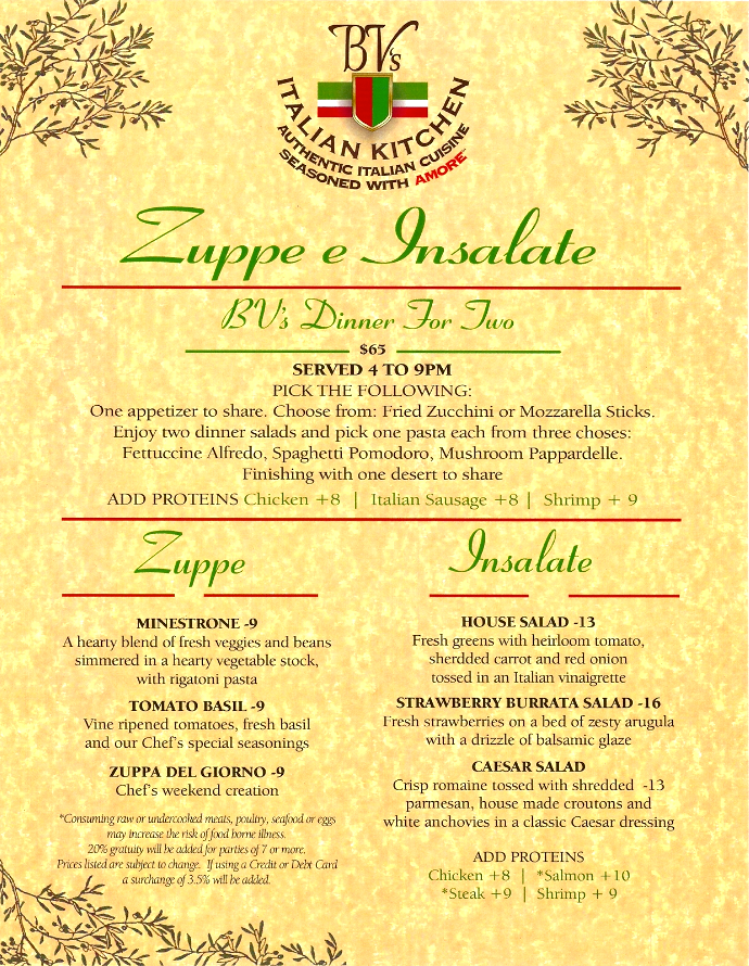 BV's Italian Kitchen Unveils It's New Menu