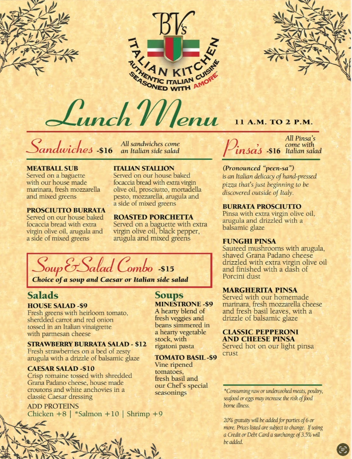 Come on in and Have Lunch Today at BV's Italian Kitchen from 11 a.m. to 2 p.m.