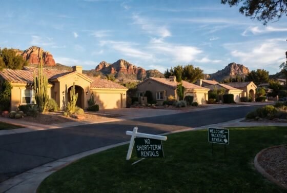 Toppled "No Short-Term Rentals" sign next to a "Welcome Vacation Rental" sign on a Village of Oak Creek residential street, with red rock formations in the background, illustrating VOCA's unenforceable STR ban.